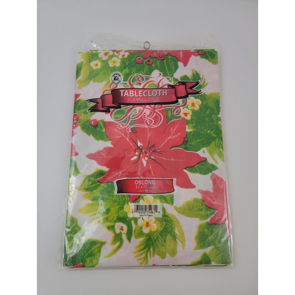 Christmas Holly Berry Flower Vinyl Tablecloth Flannel Back‎ 52x70 Oblong Vintage